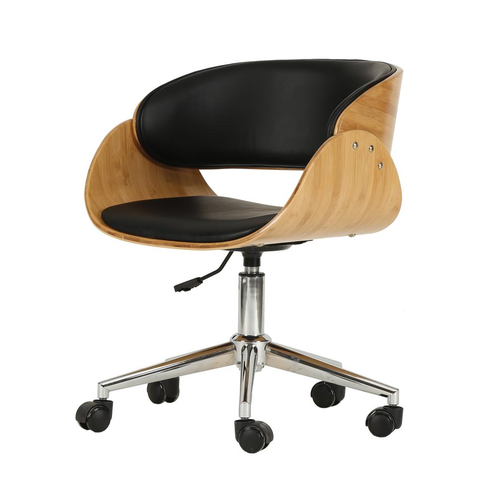 Lexie PU Leather Bamboo Swivel Office Chair, Black/Natural. Picture 1