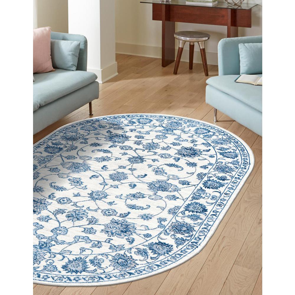 Boston Floral Area Rug 5' 3" x 8' 0", Oval White Blue. Picture 2