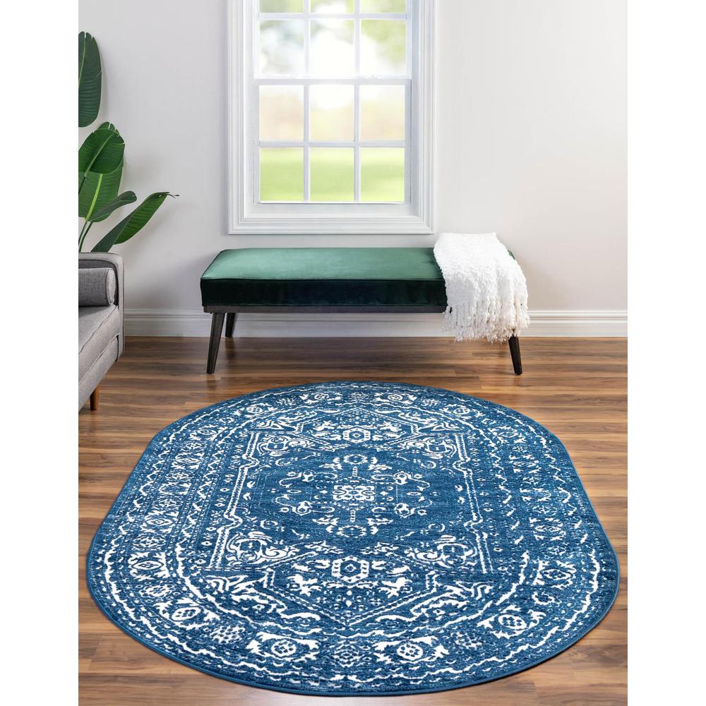 Boston Medallion Area Rug 5' 3" x 8' 0", Oval Blue. Picture 2