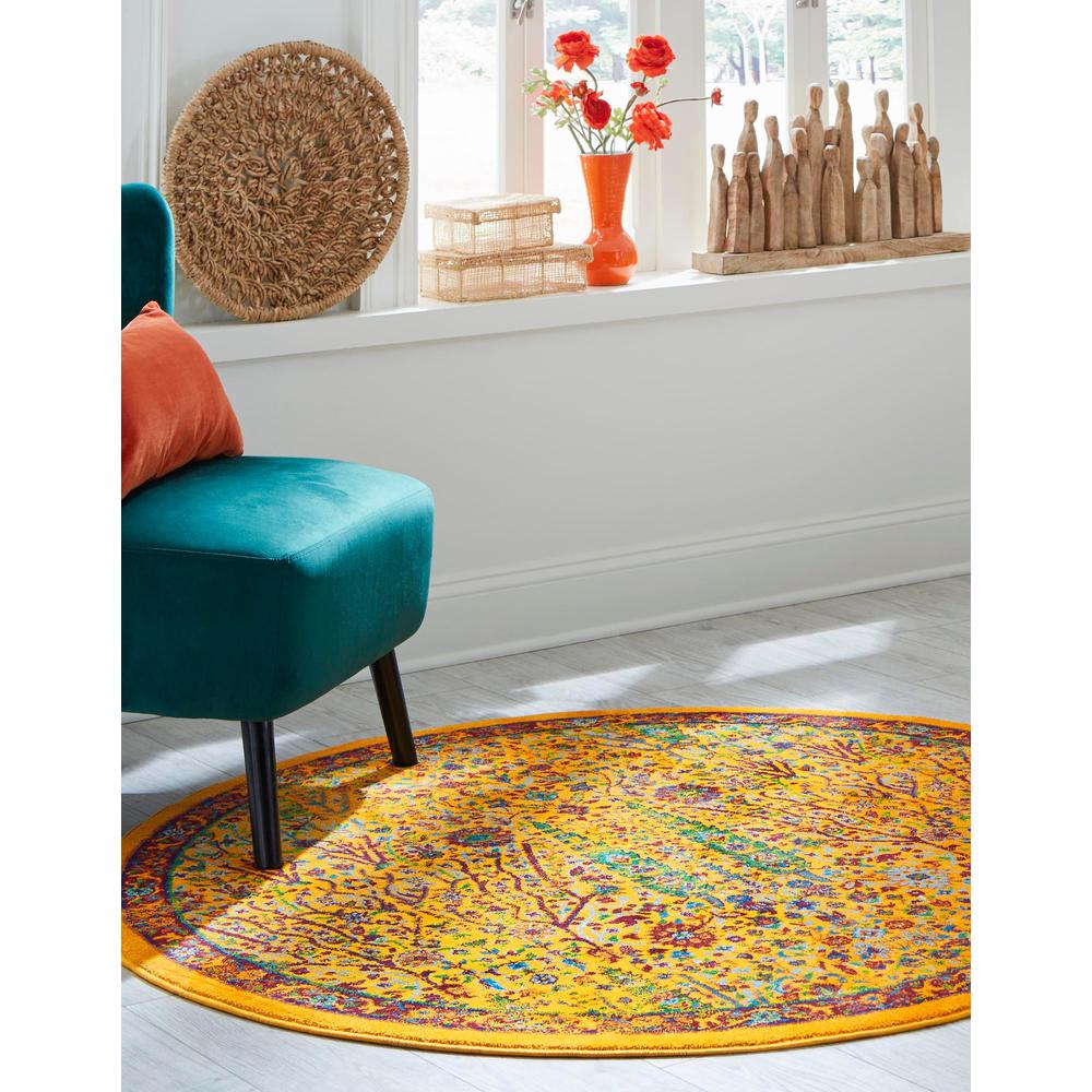 Unique Loom 5 Ft Round Rug in Yellow (3161149). Picture 3