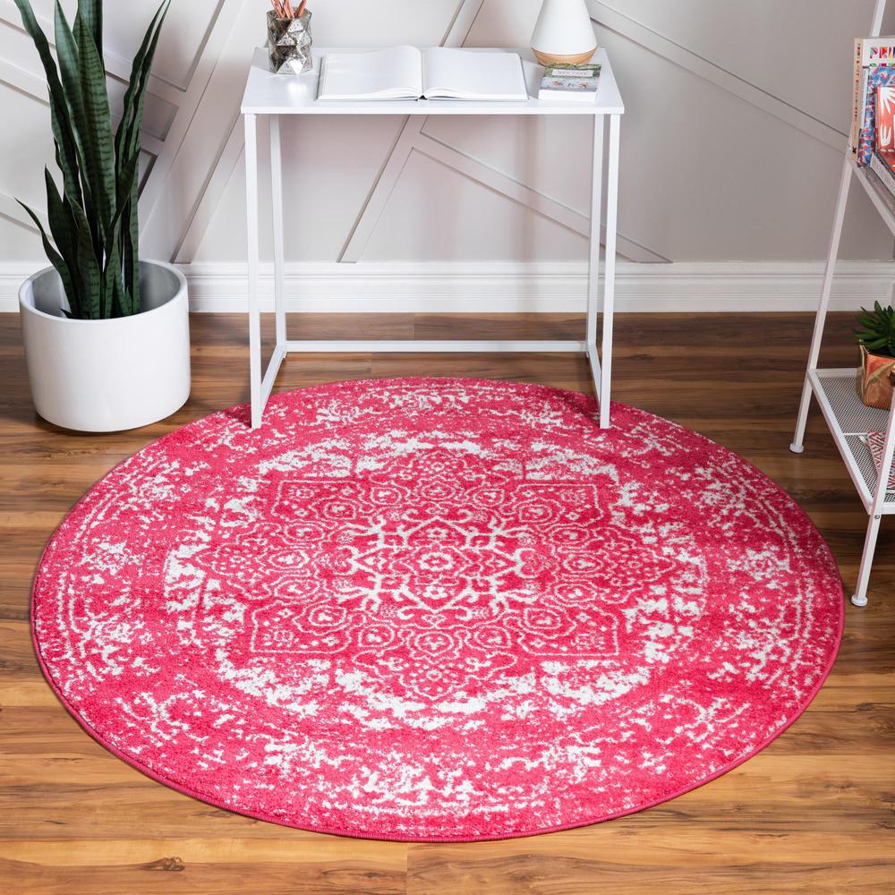 Unique Loom 5 Ft Round Rug in Pink (3150501). Picture 2
