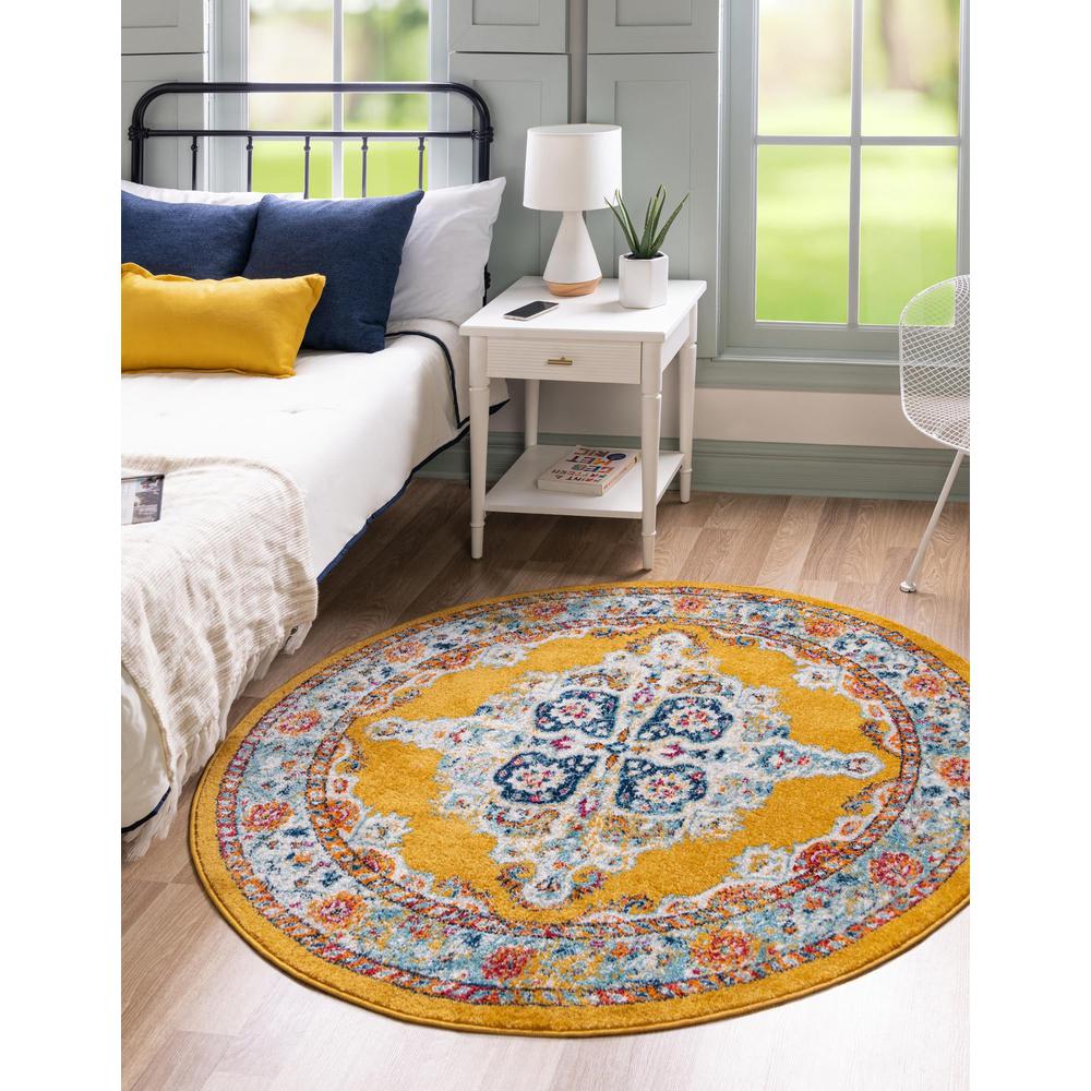 Unique Loom 5 Ft Round Rug in Yellow (3158824). Picture 2