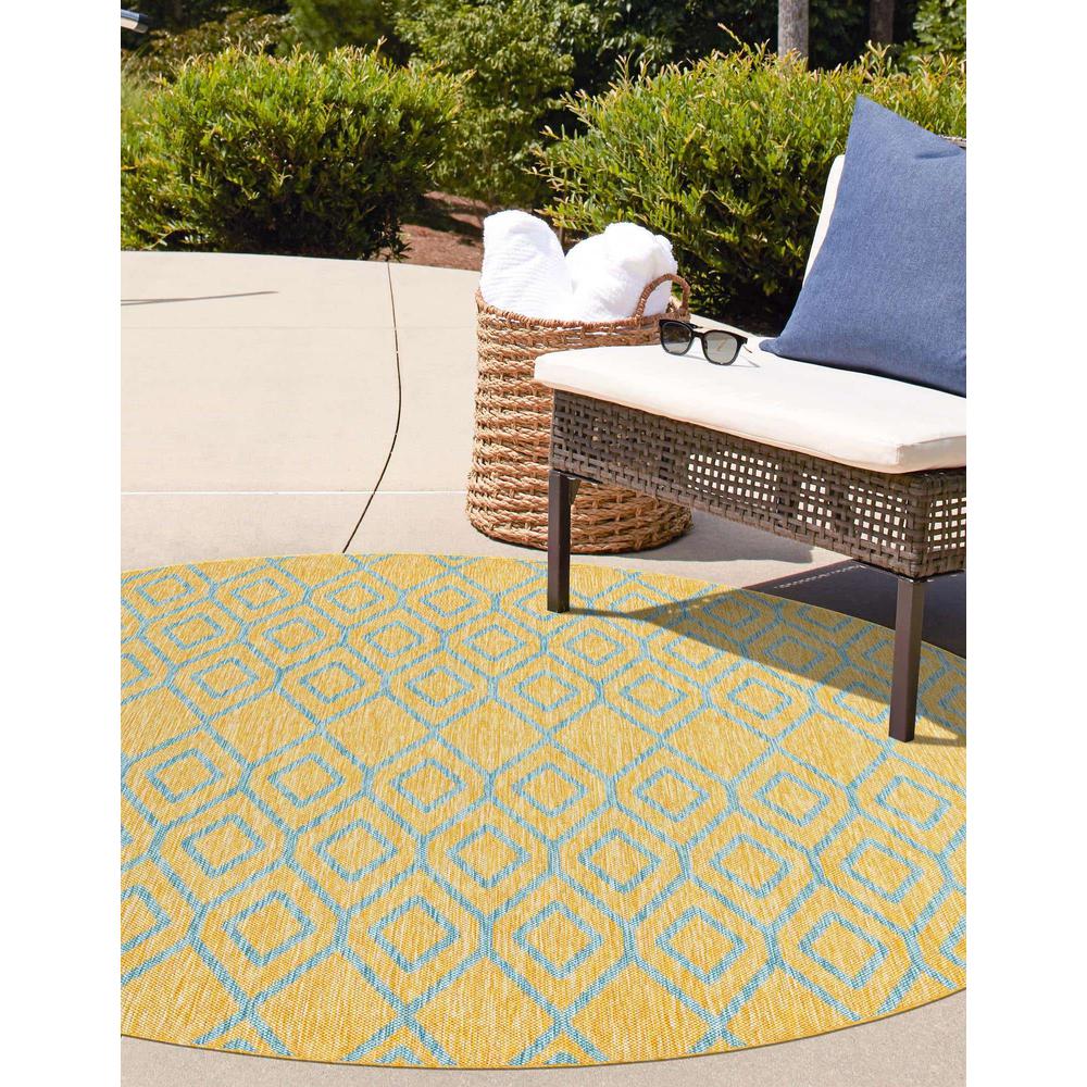 Jill Zarin Outdoor Turks and Caicos Area Rug 10' 8" x 10' 8", Round Yellow and Aqua. Picture 3