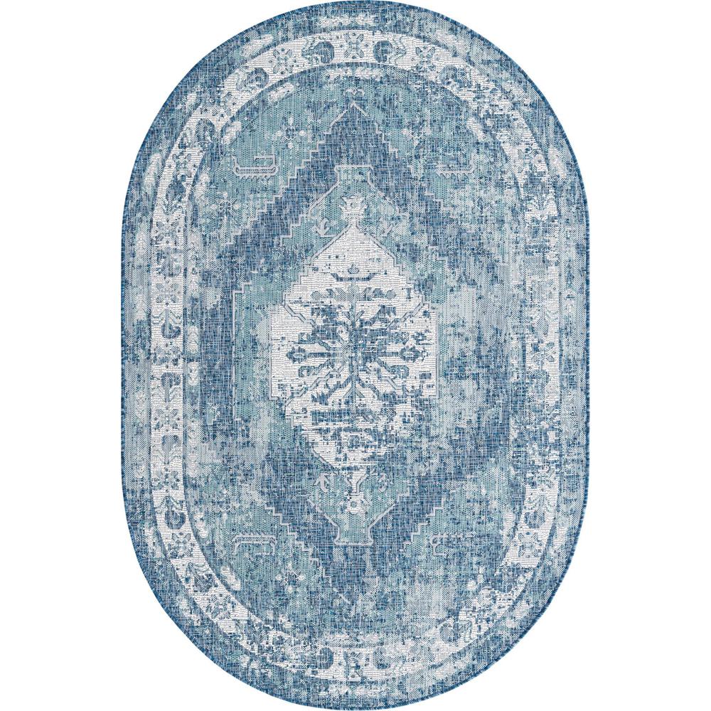 Outdoor Traditional Collection, Area Rug, Blue, 5' 3" x 7' 10", Oval. Picture 1