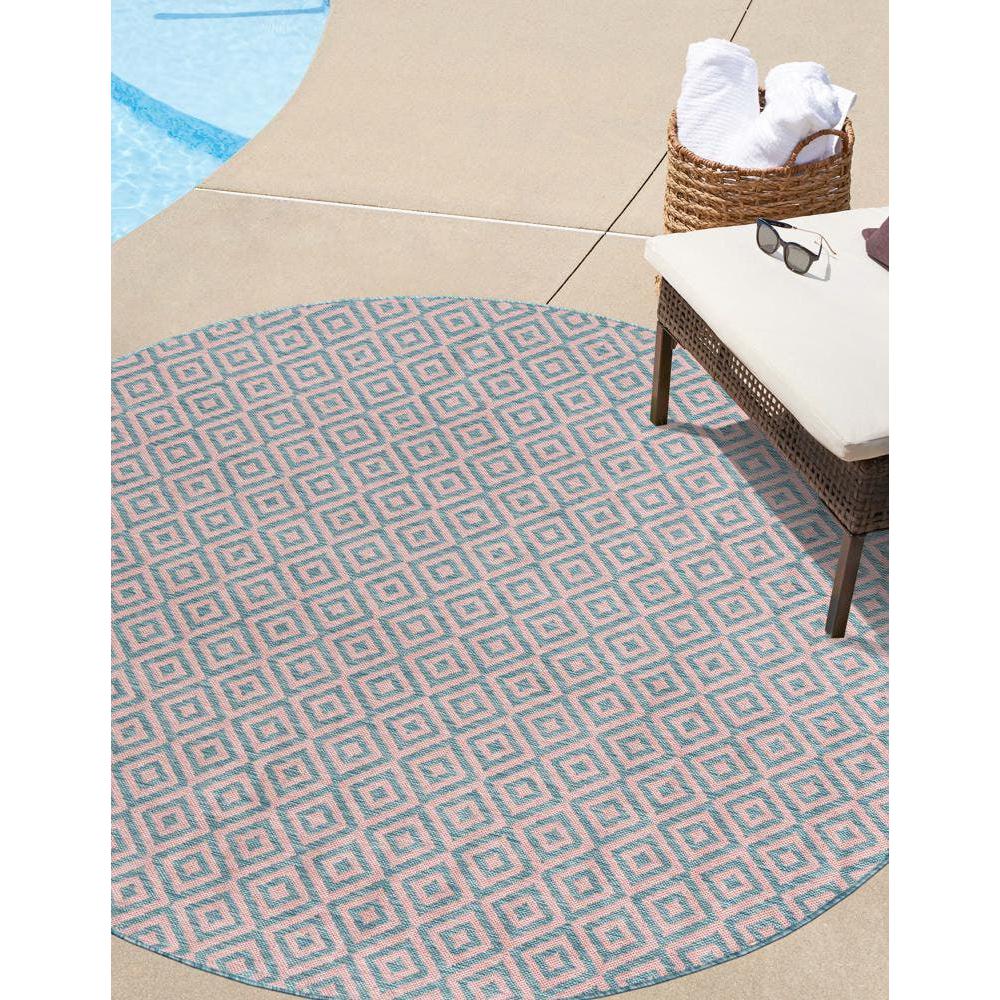 Jill Zarin Outdoor Costa Rica Area Rug 6' 7" x 6' 7", Round Pink and Aqua. Picture 2