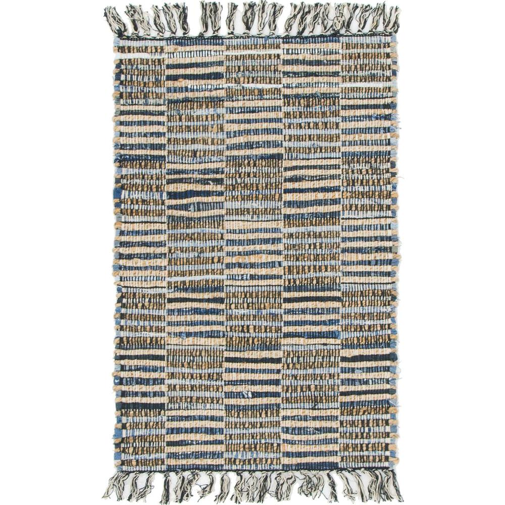 Checkered Chindi Jute Rug, Blue (2' 0 x 3' 0). Picture 1