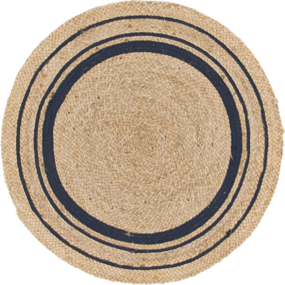 Gujarat Braided Jute Rug, Natural/Navy Blue (3' 3 x 3' 3). Picture 1