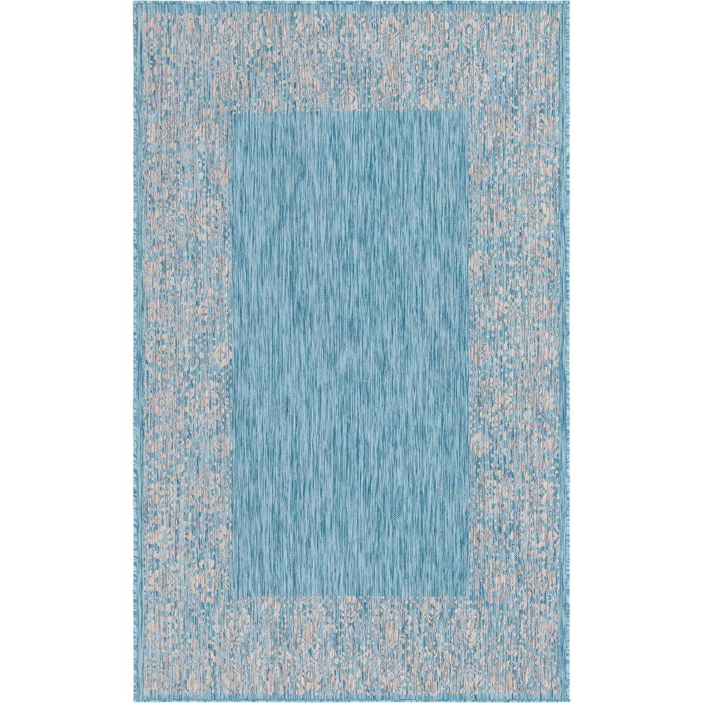 Outdoor Floral Border Rug, Aqua Blue (5' 0 x 8' 0). Picture 1