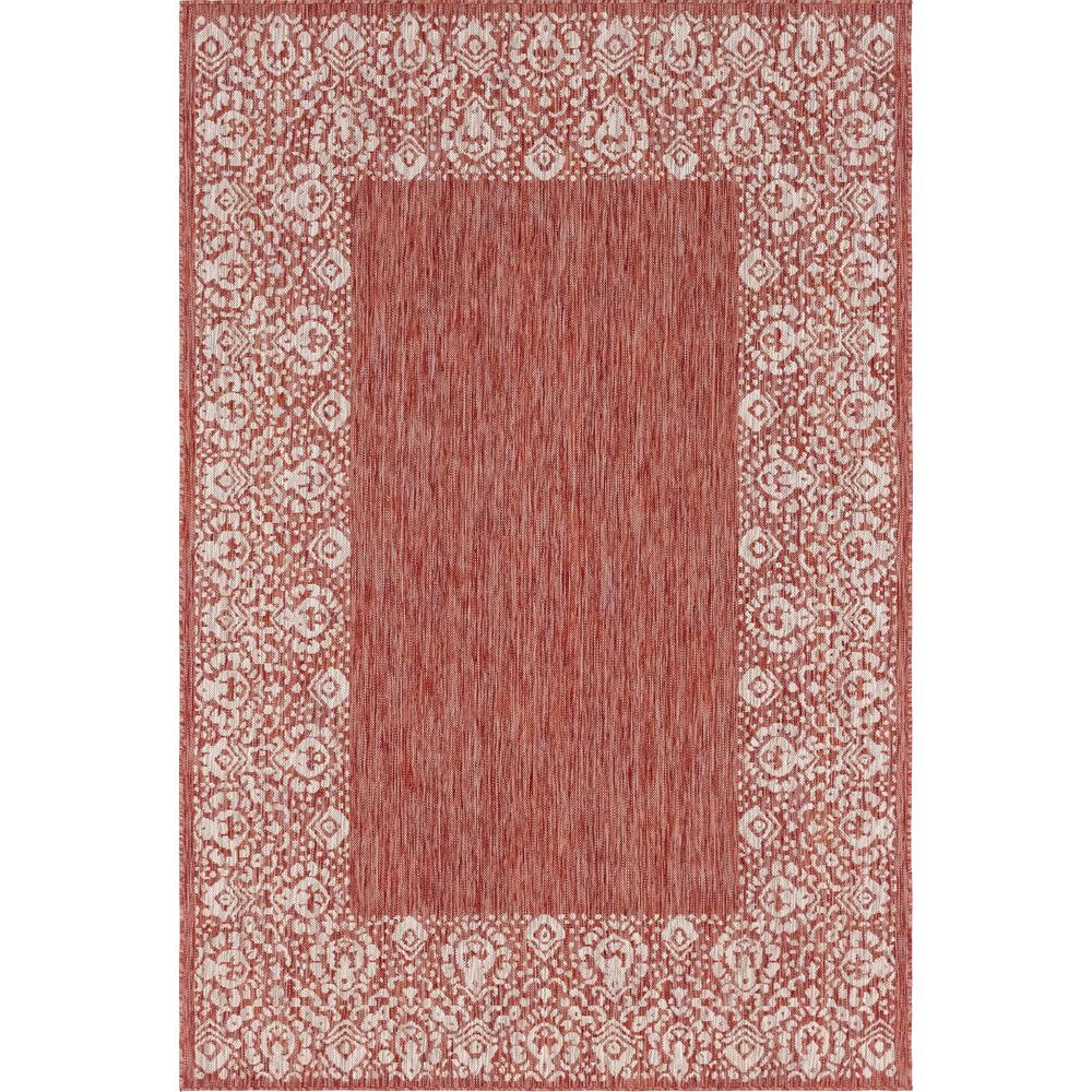 Outdoor Floral Border Rug, Rust Red (4' 0 x 6' 0). Picture 1