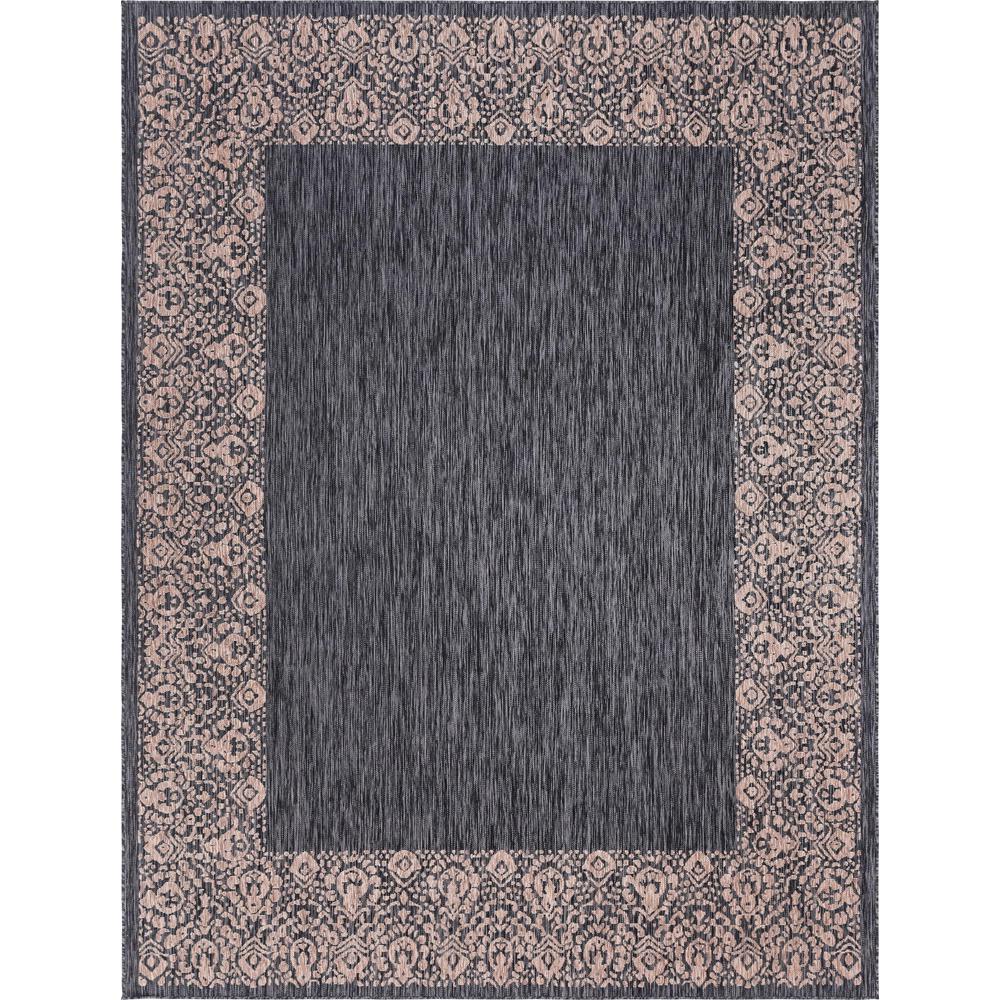 Outdoor Floral Border Rug, Charcoal Gray (9' 0 x 12' 0). Picture 1