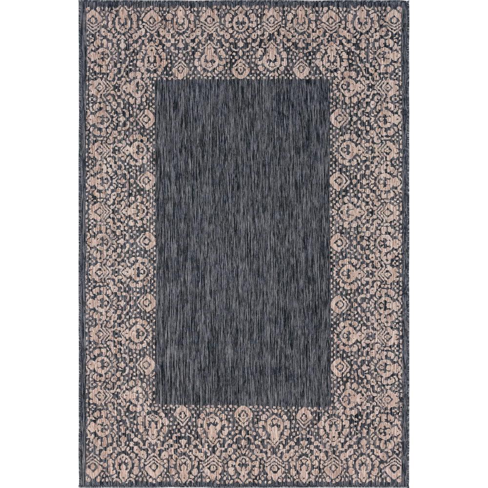 Outdoor Floral Border Rug, Charcoal Gray (6' 0 x 9' 0). Picture 1