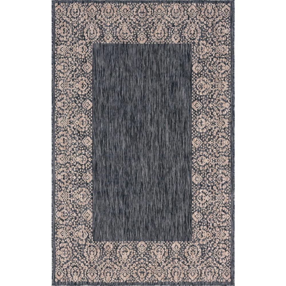 Outdoor Floral Border Rug, Charcoal Gray (5' 0 x 8' 0). Picture 1
