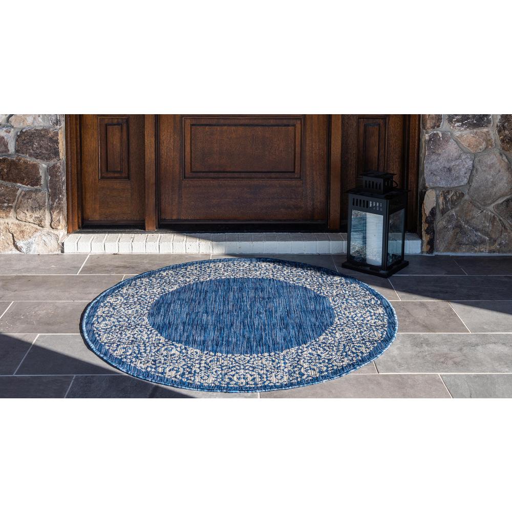 Outdoor Floral Border Rug, Blue (4' 0 x 4' 0). Picture 3