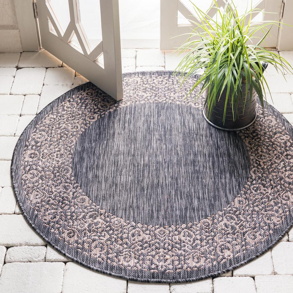 Outdoor Floral Border Rug, Charcoal Gray (4' 0 x 4' 0). Picture 2