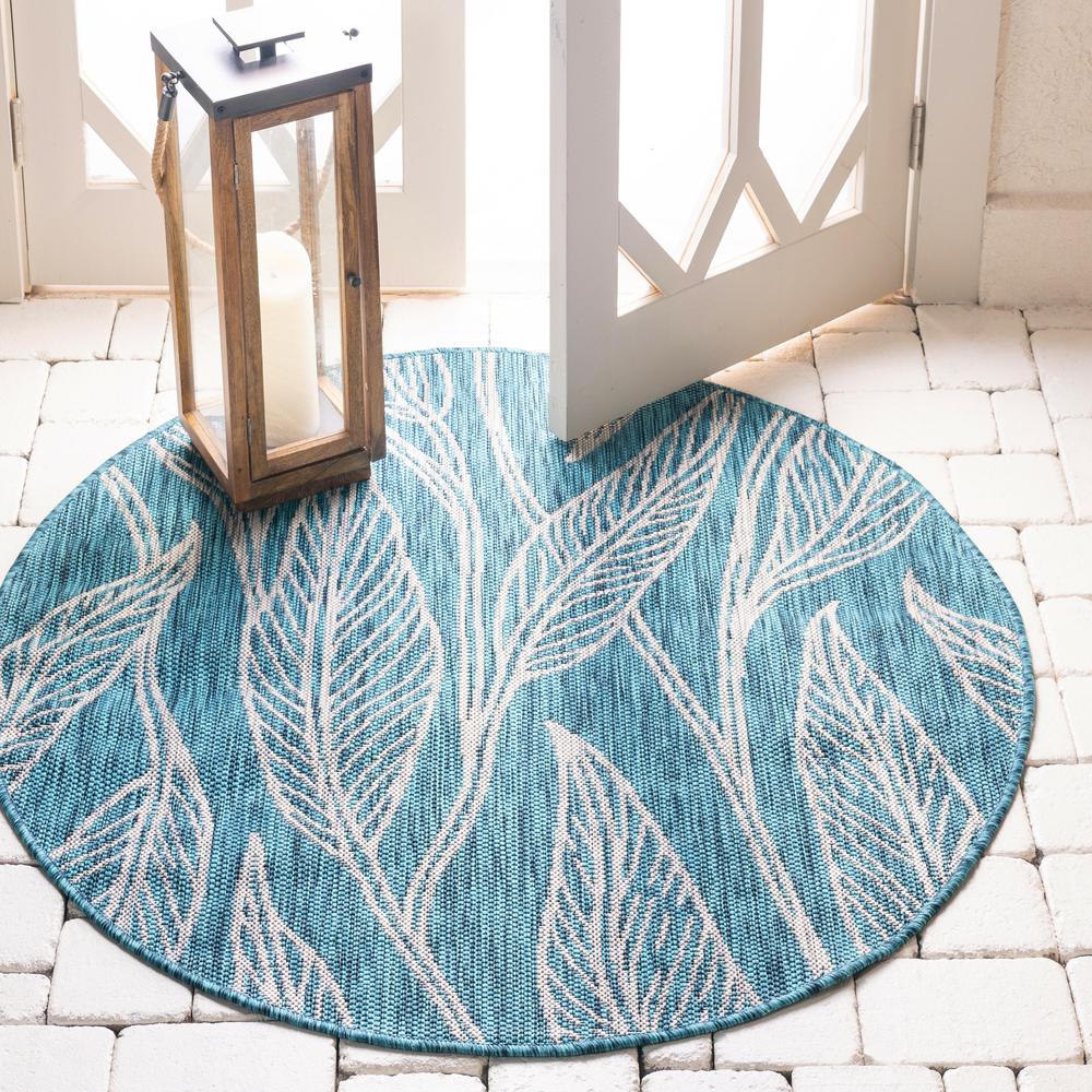 Outdoor Leaf Rug, Teal (4' 0 x 4' 0). Picture 2