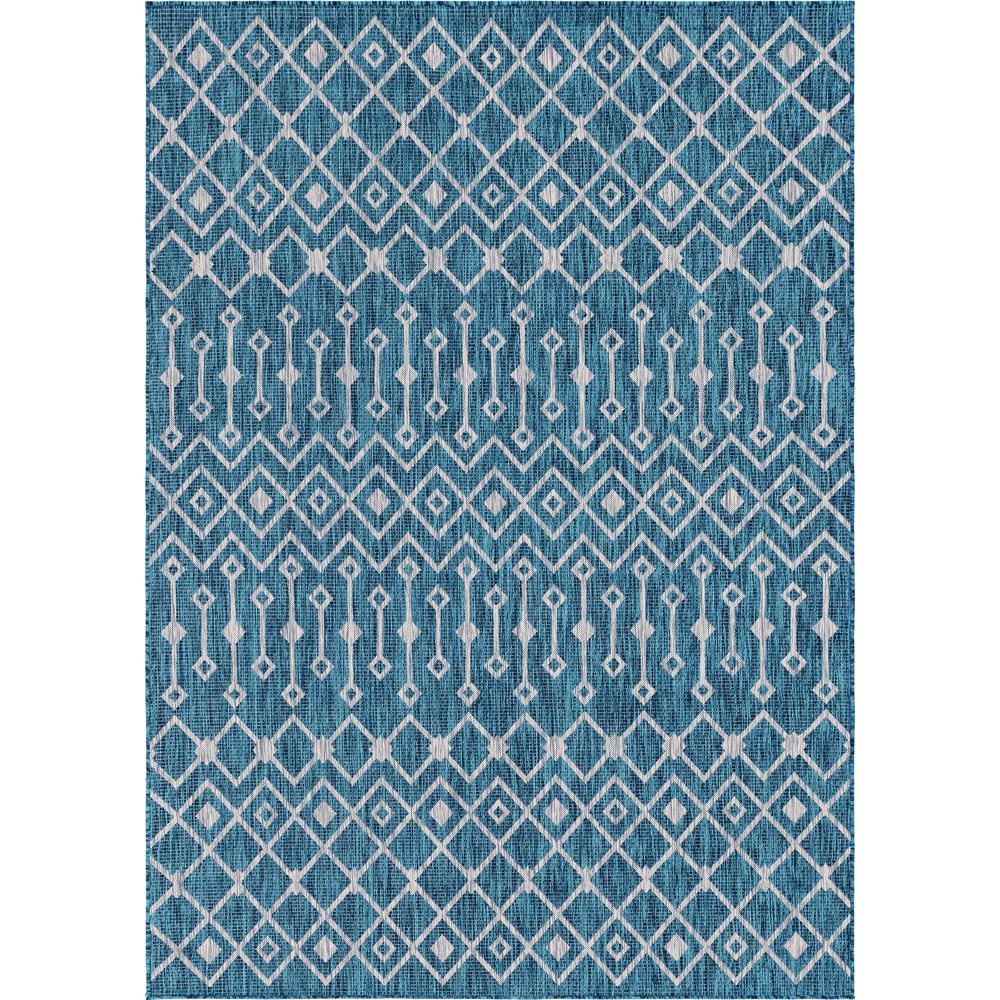 Outdoor Tribal Trellis Rug, Teal/Gray (7' 0 x 10' 0). Picture 1