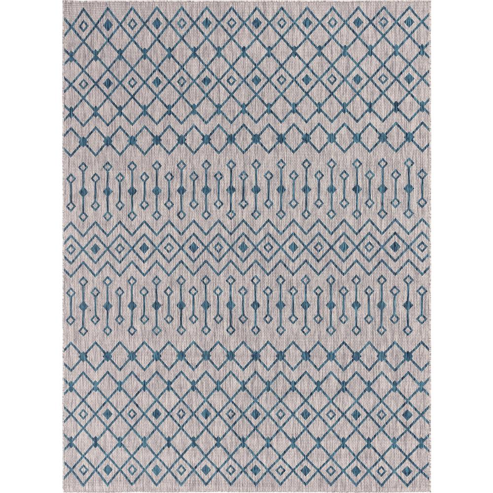 Outdoor Tribal Trellis Rug, Gray/Teal (9' 0 x 12' 0). Picture 1