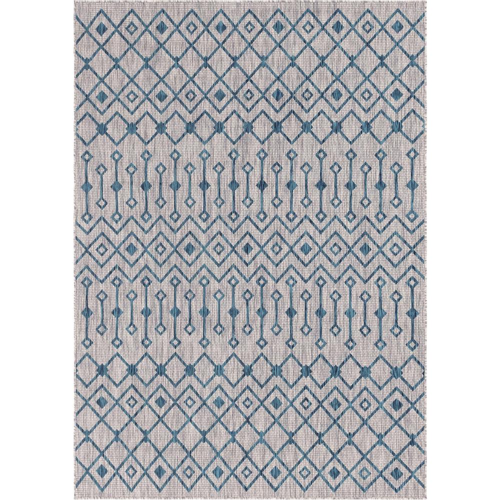Outdoor Tribal Trellis Rug, Gray/Teal (7' 0 x 10' 0). The main picture.