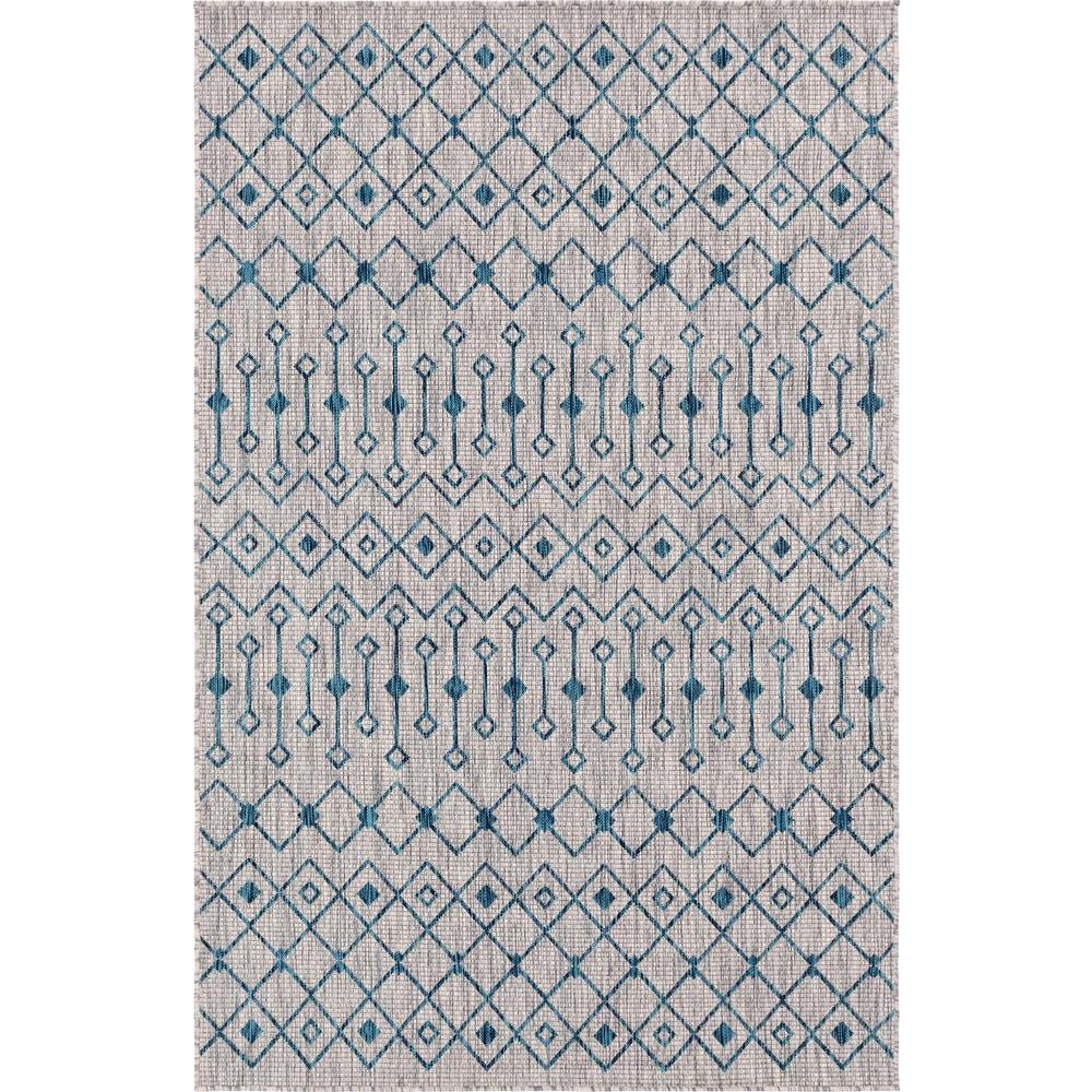 Outdoor Tribal Trellis Rug, Gray/Teal (5' 0 x 8' 0). Picture 1