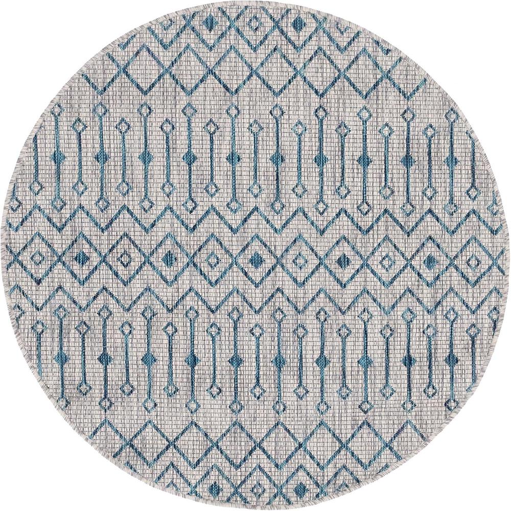 Outdoor Tribal Trellis Rug, Gray/Teal (4' 0 x 4' 0). Picture 1