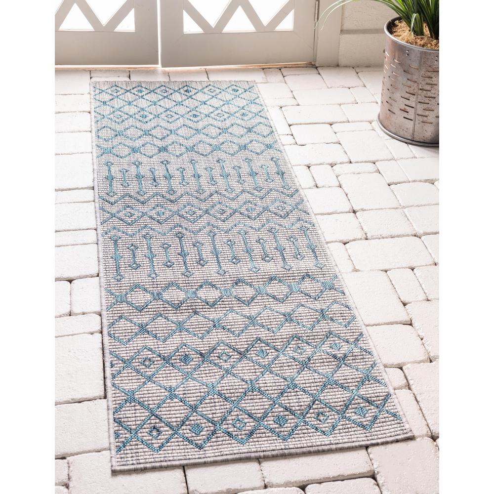 Outdoor Tribal Trellis Rug, Gray/Teal (2' 0 x 6' 0). Picture 2