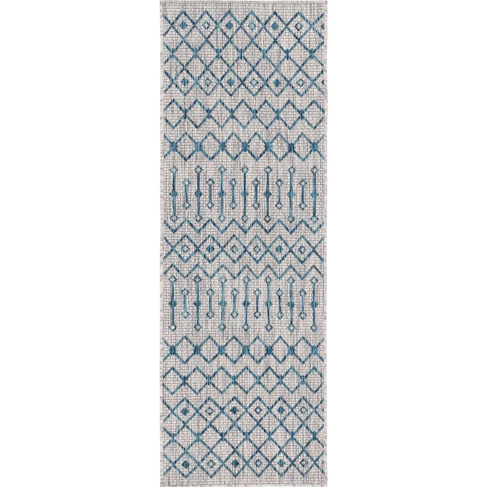 Outdoor Tribal Trellis Rug, Gray/Teal (2' 0 x 6' 0). Picture 1