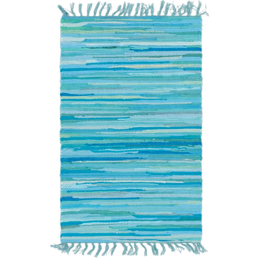 Striped Chindi Cotton Rug, Turquoise (2' 2 x 3' 0). Picture 1