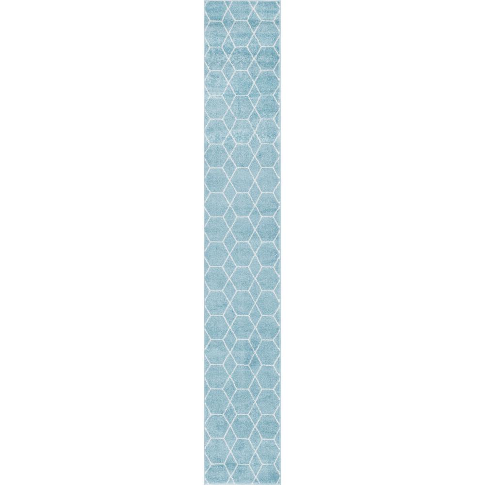 Geometric Trellis Frieze Rug, Light Blue (2' 0 x 13' 0). Picture 1