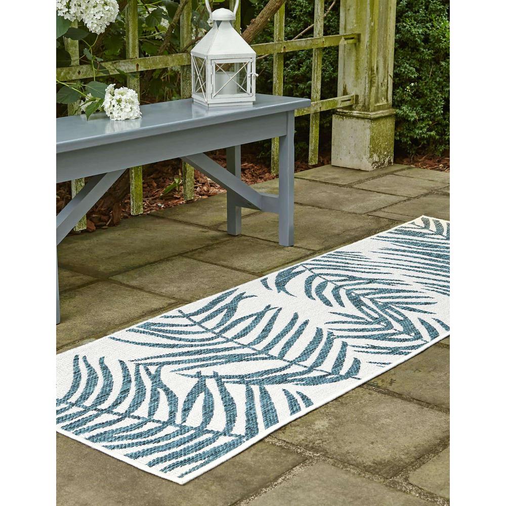 Outdoor Botanical Collection, Area Rug, Teal Ivory, 2' 0" x 6' 0", Runner. Picture 2
