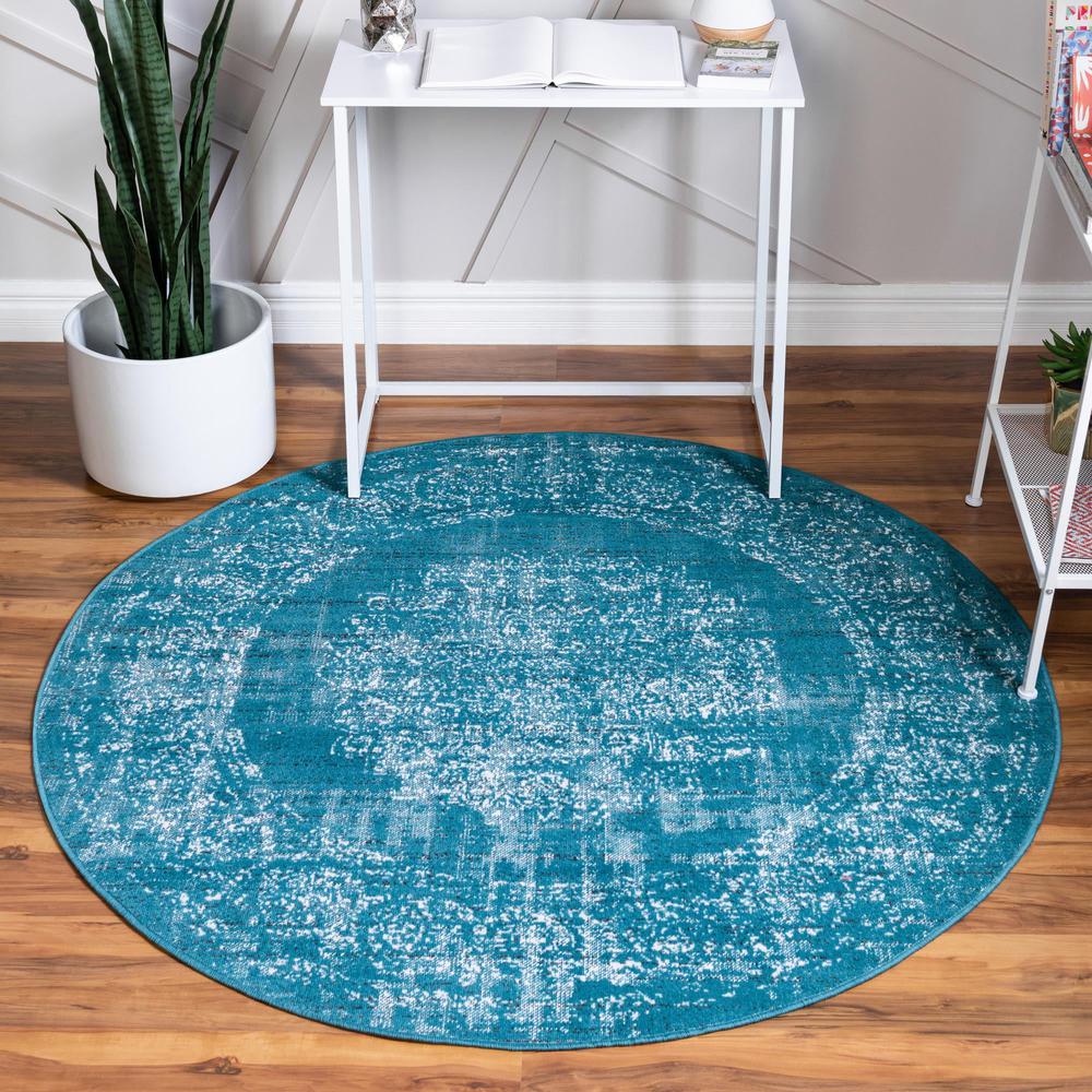 Unique Loom 5 Ft Round Rug in Teal (3149298). Picture 2