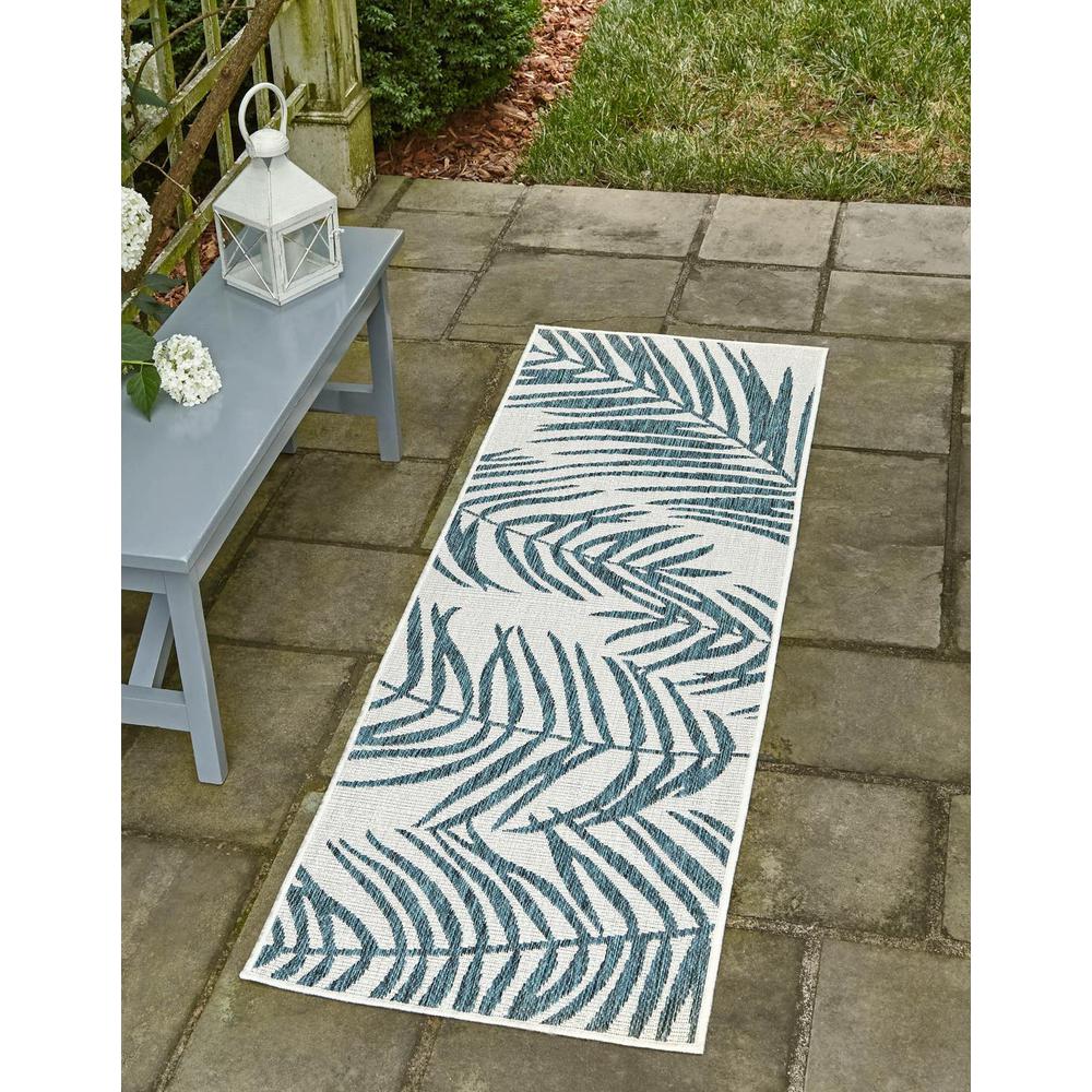 Outdoor Botanical Collection, Area Rug, Teal Ivory, 2' 0" x 6' 0", Runner. Picture 1