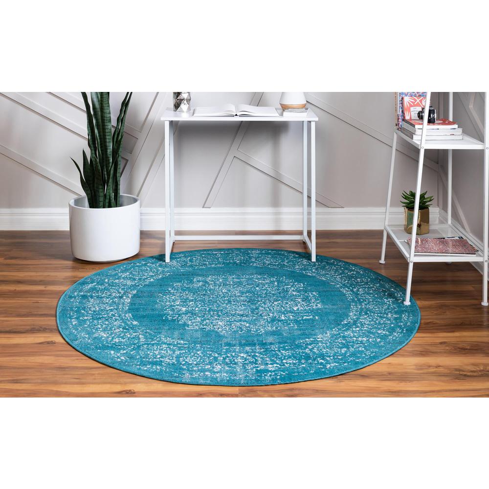 Unique Loom 5 Ft Round Rug in Teal (3149298). Picture 4