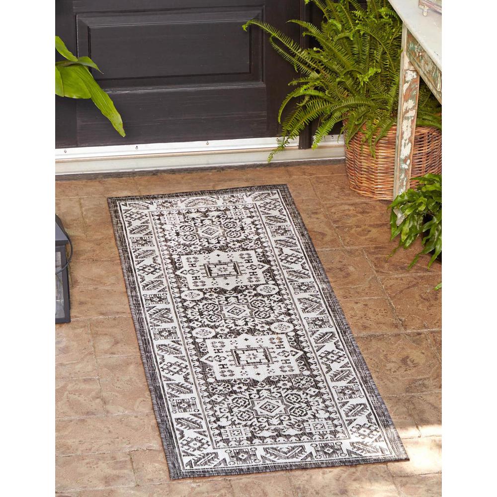Outdoor Aztec Collection, Area Rug, Charcoal Gray, 2' 0" x 7' 10", Runner. Picture 2