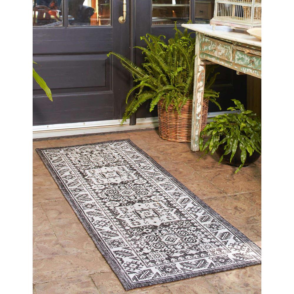 Outdoor Aztec Collection, Area Rug, Charcoal Gray, 2' 0" x 7' 10", Runner. Picture 3