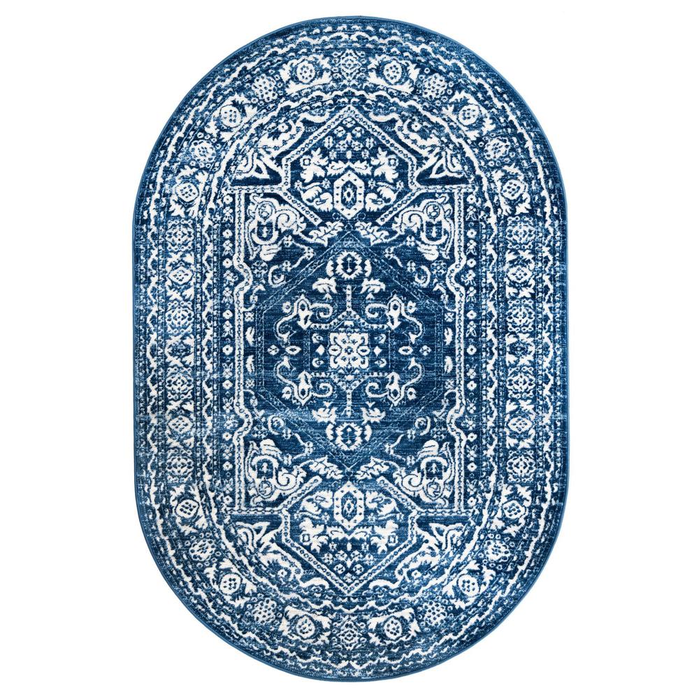 Boston Medallion Area Rug 5' 3" x 8' 0", Oval Blue. Picture 1