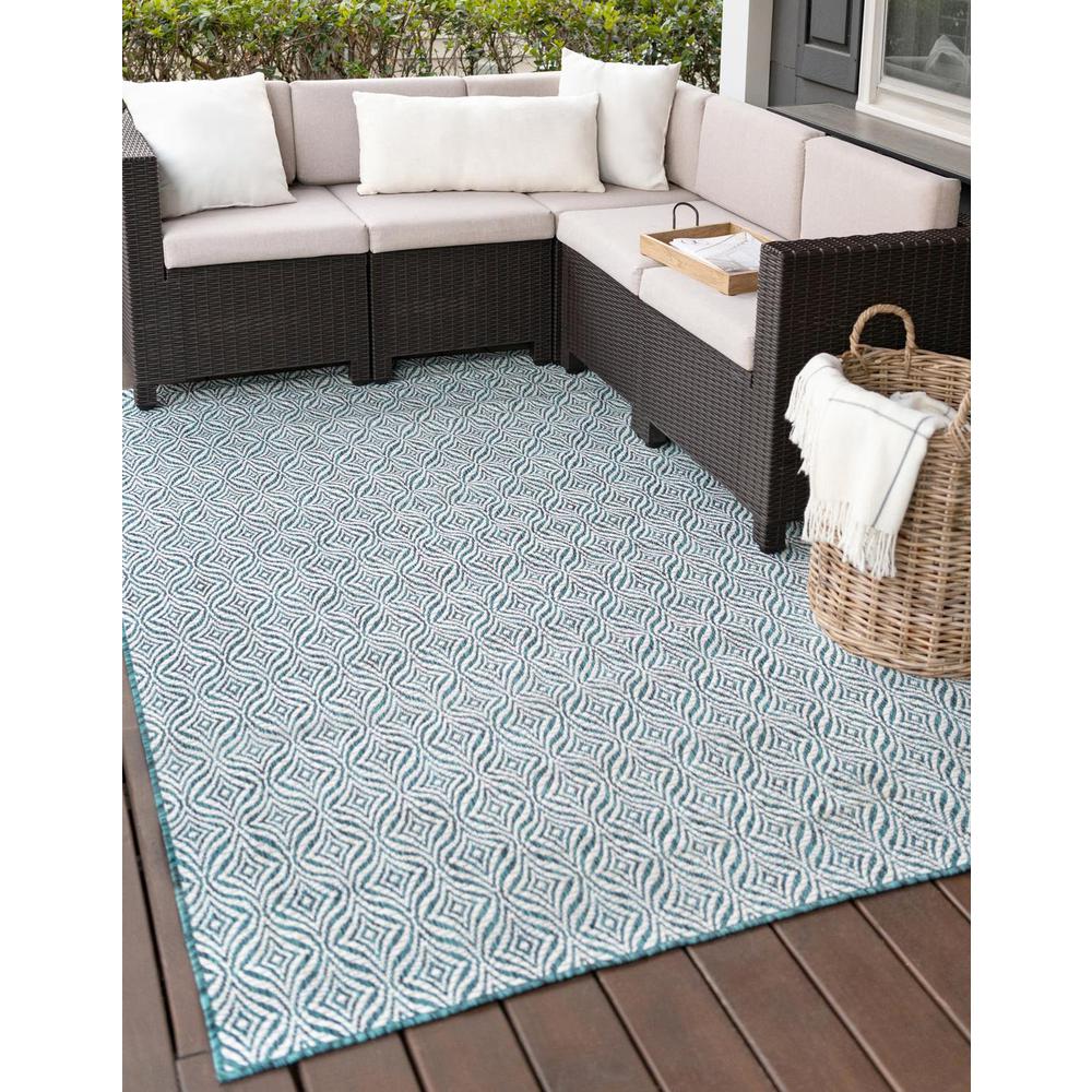 Outdoor Deco Trellis Rug, Teal/Ivory (5' 0 x 8' 0). Picture 1