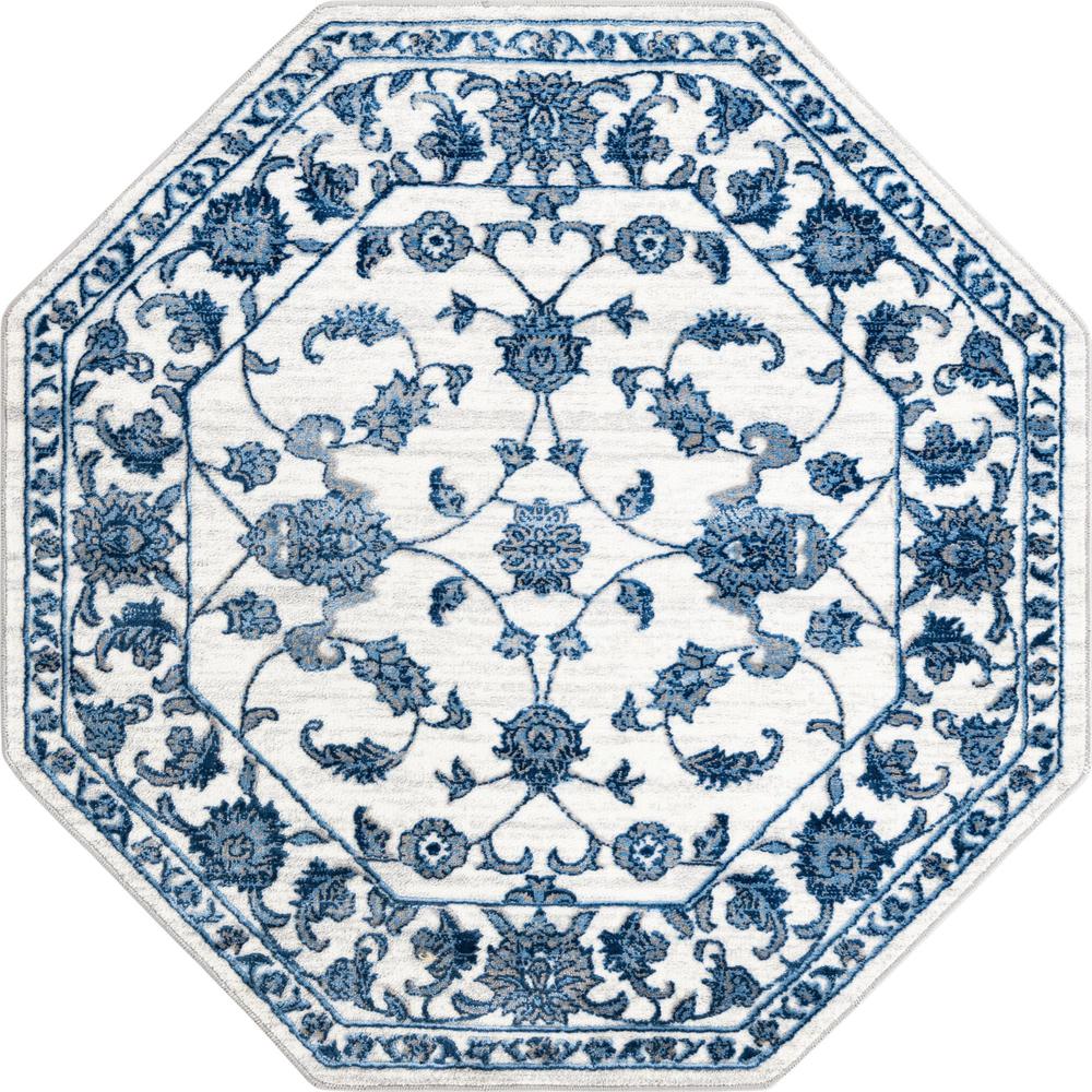 Boston Floral Area Rug 5' 3" x 5' 3", Octagon White Blue. Picture 1