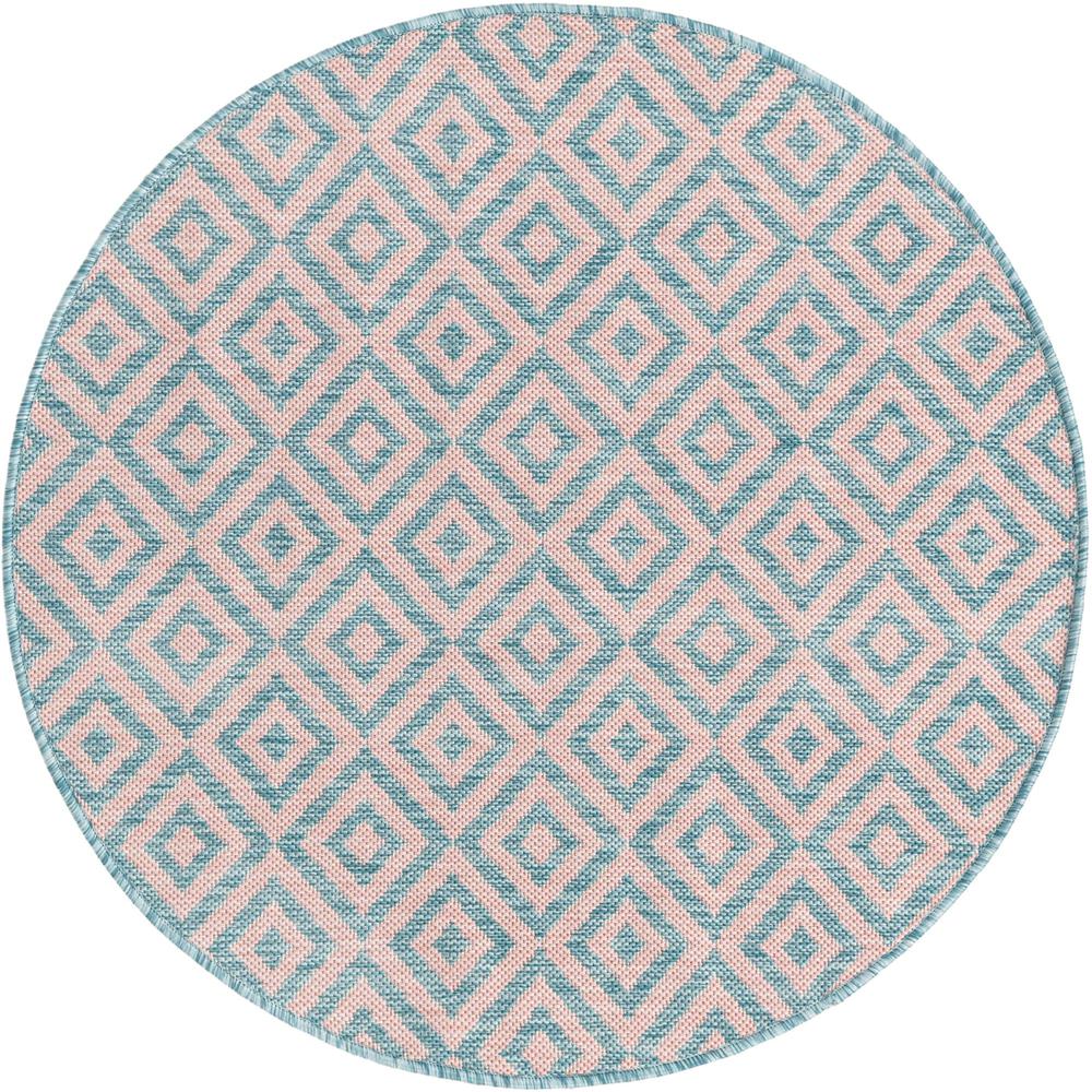 Jill Zarin Outdoor Costa Rica Area Rug 3' 3" x 3' 3", Round Pink and Aqua. Picture 1
