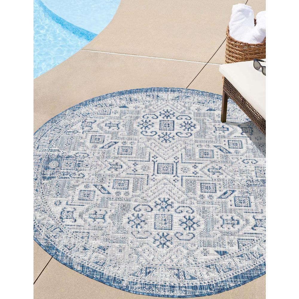 Outdoor Aztec Collection, Area Rug, Blue, 4' 0" x 4' 0", Round. Picture 2