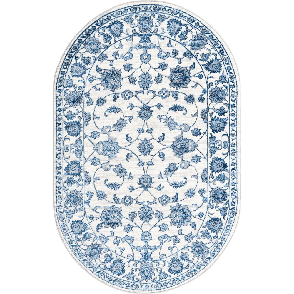 Boston Floral Area Rug 5' 3" x 8' 0", Oval White Blue. Picture 1