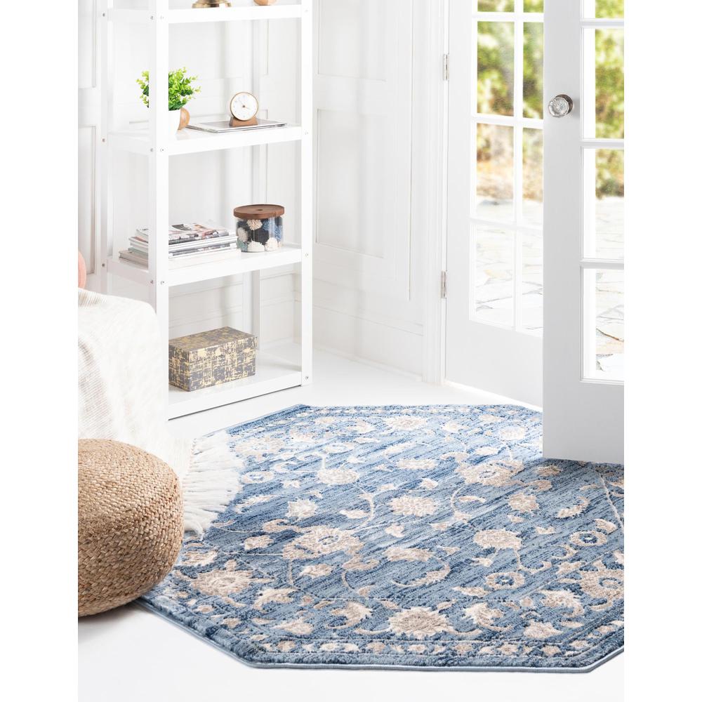 Boston Floral Area Rug 5' 3" x 5' 3", Octagon Blue. Picture 2