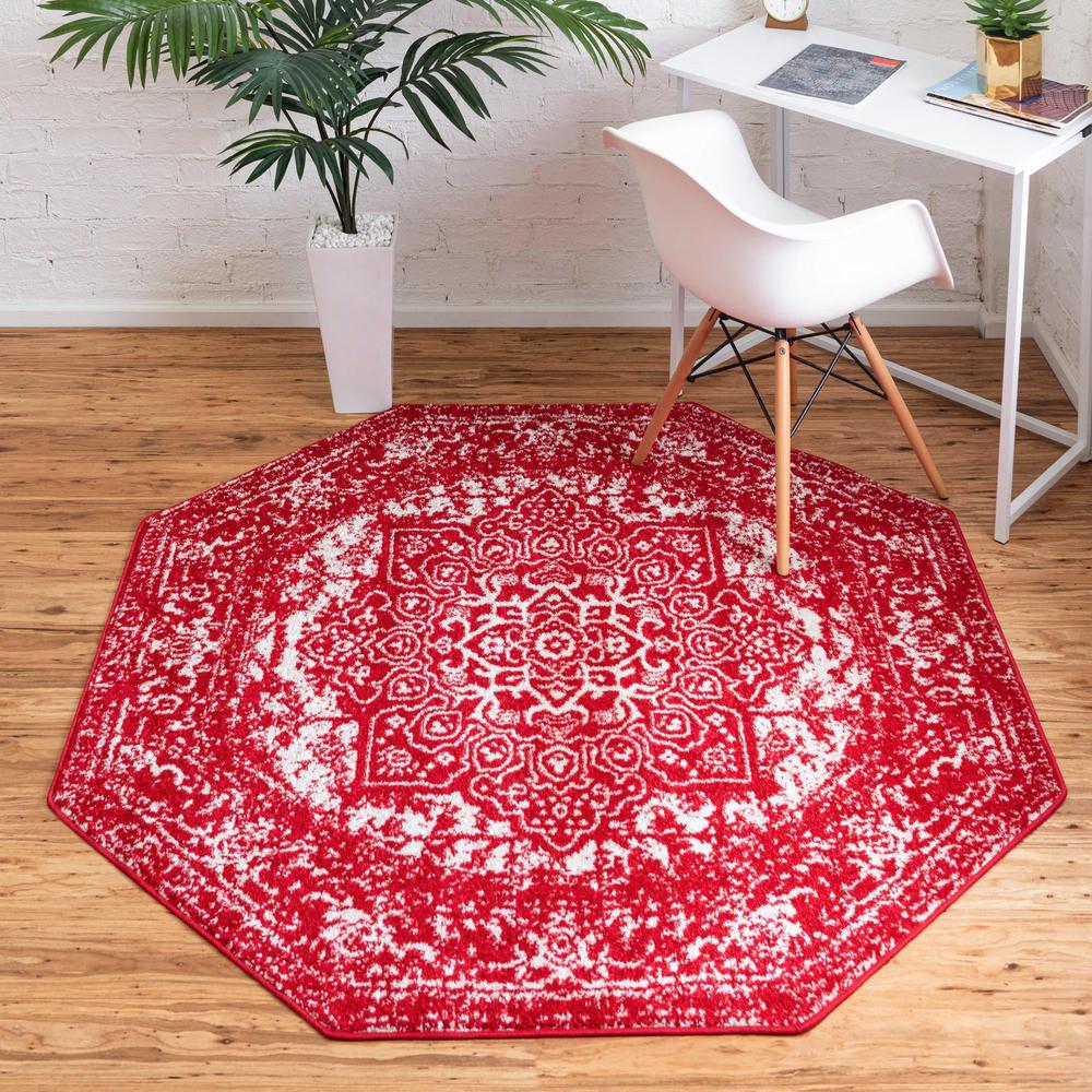 Unique Loom 5 Ft Octagon Rug in Red (3150437). Picture 2