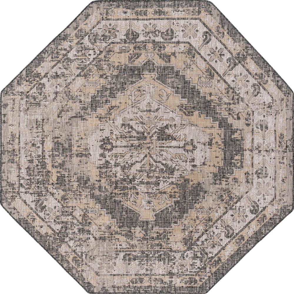 Outdoor Traditional Collection, Area Rug, Charcoal, 7' 10" x 7' 10", Octagon. Picture 1