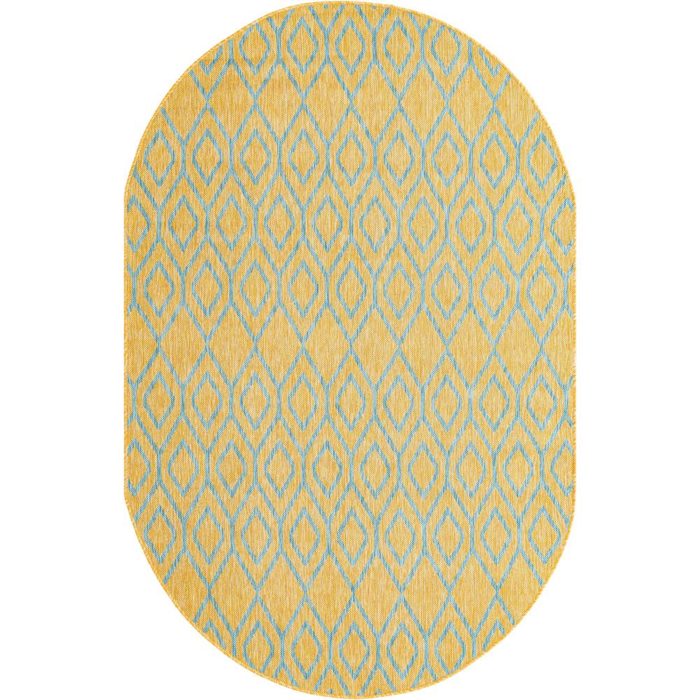 Jill Zarin Outdoor Turks and Caicos Area Rug 5' 3" x 8' 0", Oval Yellow and Aqua. Picture 1