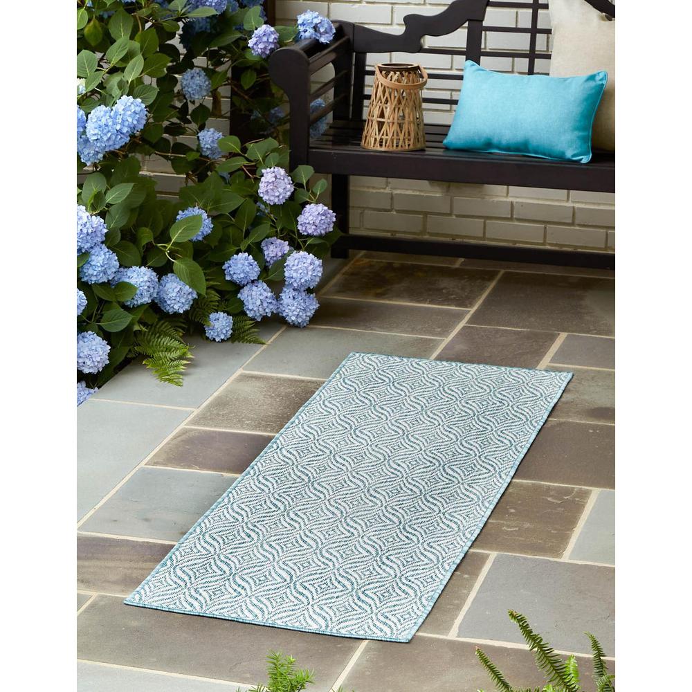 Outdoor Deco Trellis Rug, Blue/Ivory (2' 0 x 6' 0). Picture 1