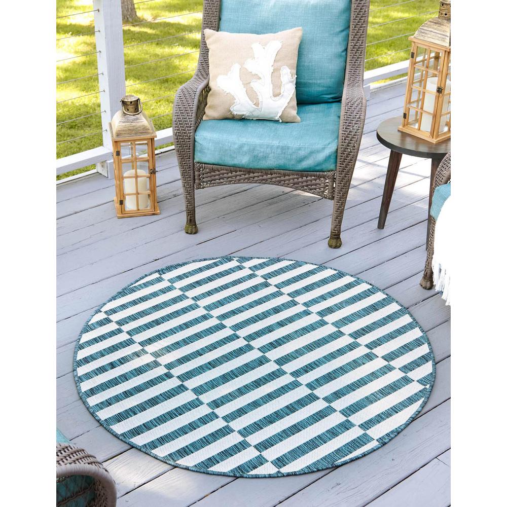 Outdoor Striped Rug, Teal/Ivory (4' 0 x 4' 0). Picture 1