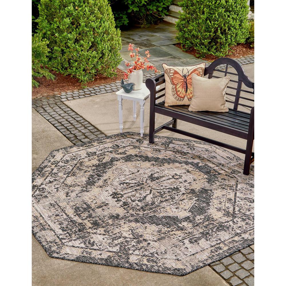 Outdoor Traditional Collection, Area Rug, Charcoal, 7' 10" x 7' 10", Octagon. Picture 2