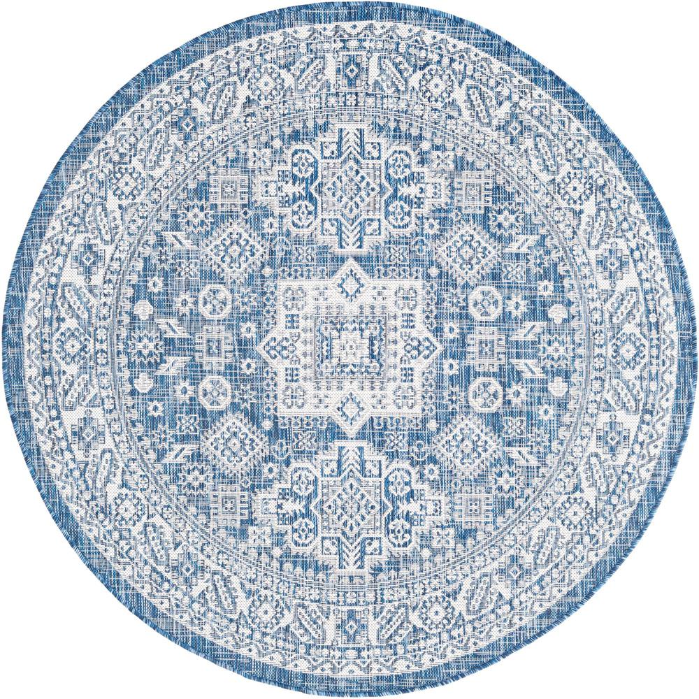 Outdoor Aztec Collection, Area Rug, Blue, 5' 3" x 5' 3", Round. Picture 1