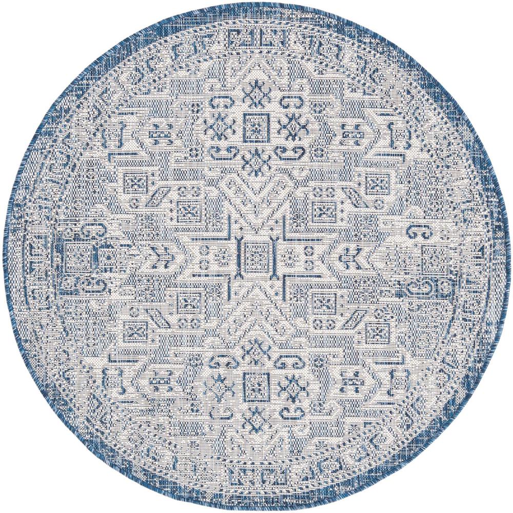 Outdoor Aztec Collection, Area Rug, Blue, 4' 0" x 4' 0", Round. Picture 1