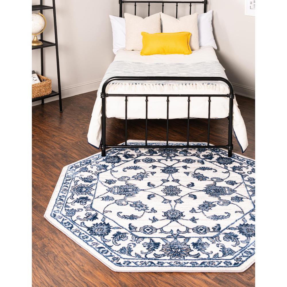 Boston Floral Area Rug 5' 3" x 5' 3", Octagon White Blue. Picture 2